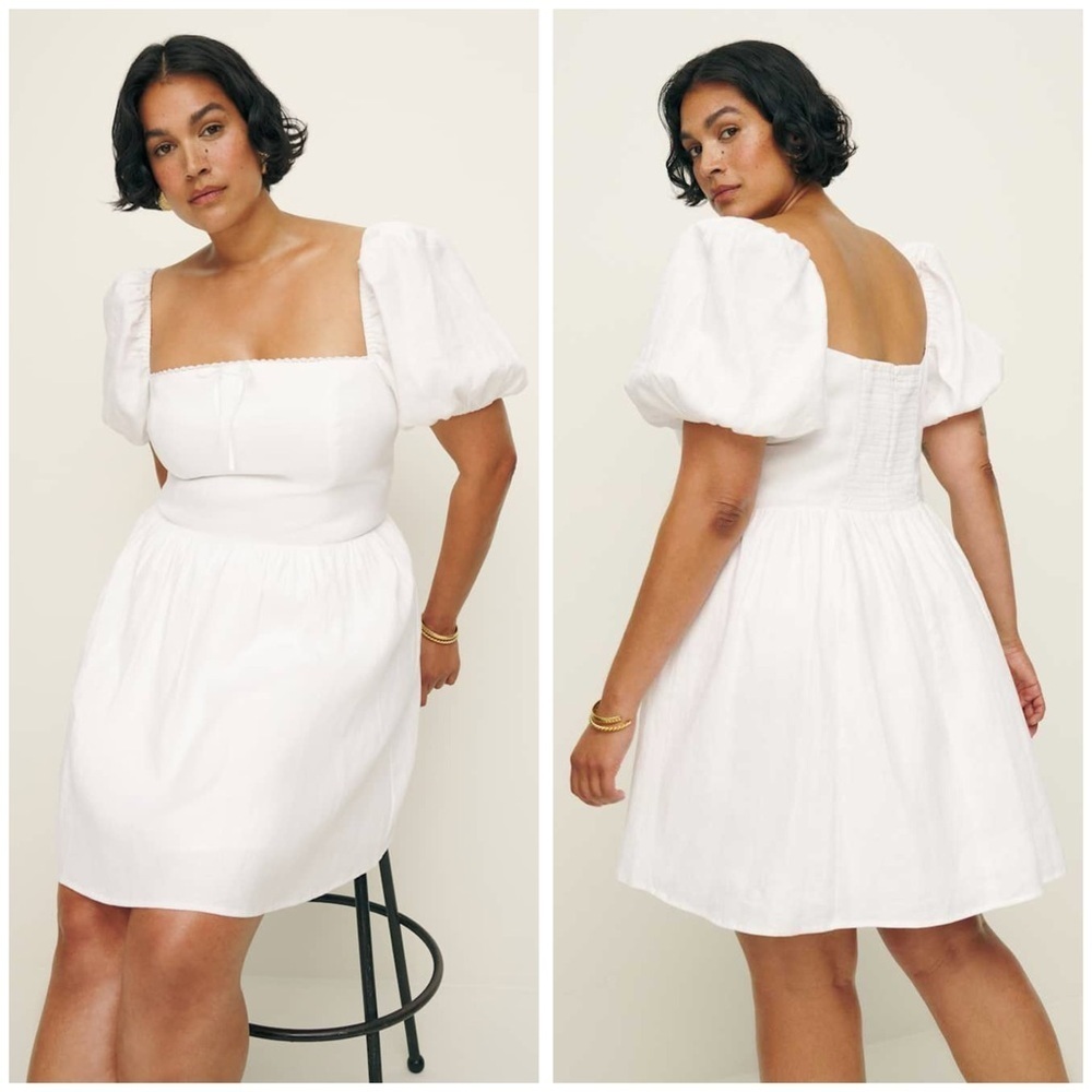 Reformation White Puff-Sleeve Square-Neck Mini Dress